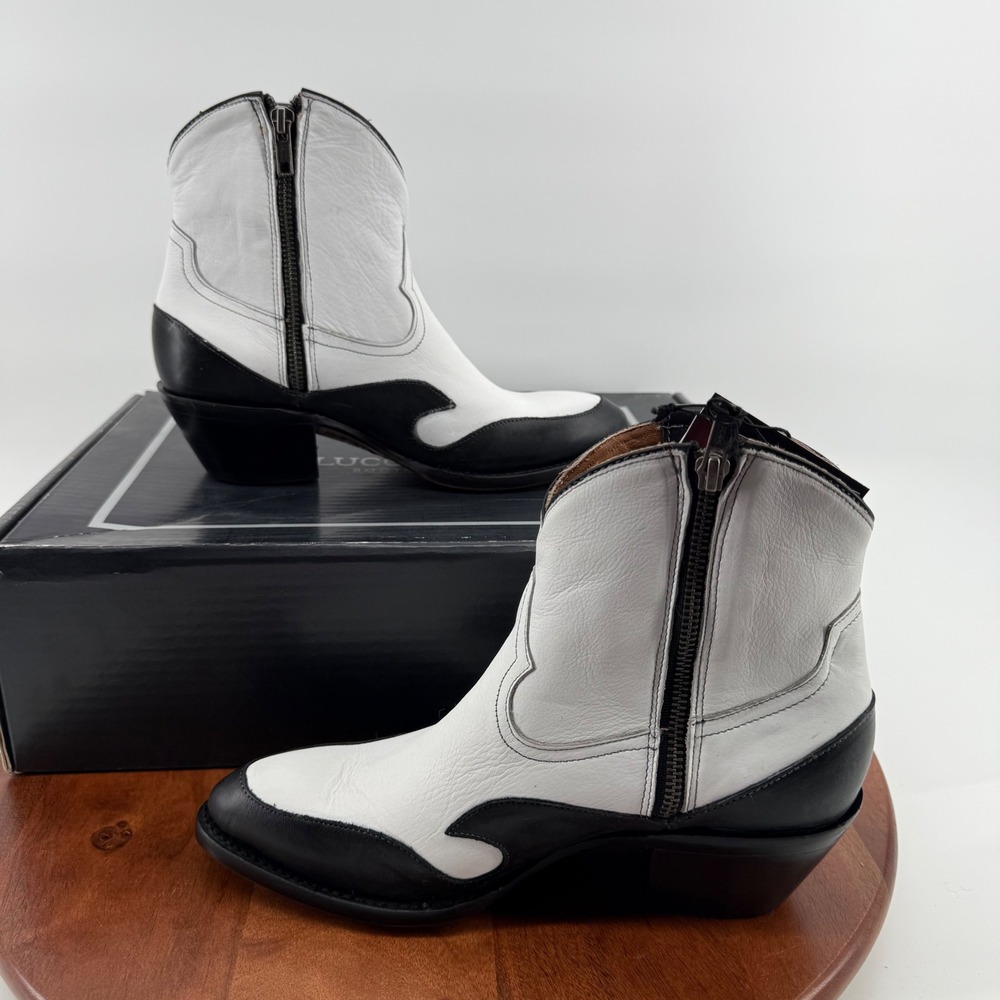 Lucchese M6077 Black White Leather Flame Overlay Side Zip Western Ankle Boots 9B - Picture 8 of 14